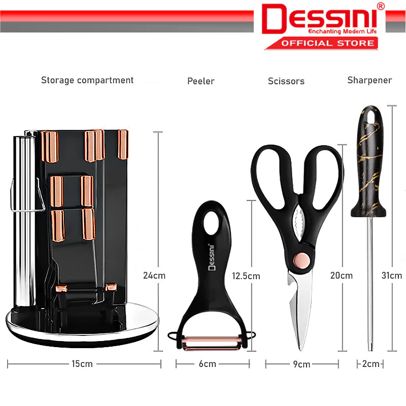 DESSINI ITALY 9 IN 1 Stainless Steel Knife Cleaver Scissor Peeler Cutting Storage Holder Cutlery Organizer Pisau Gunting - Image 3