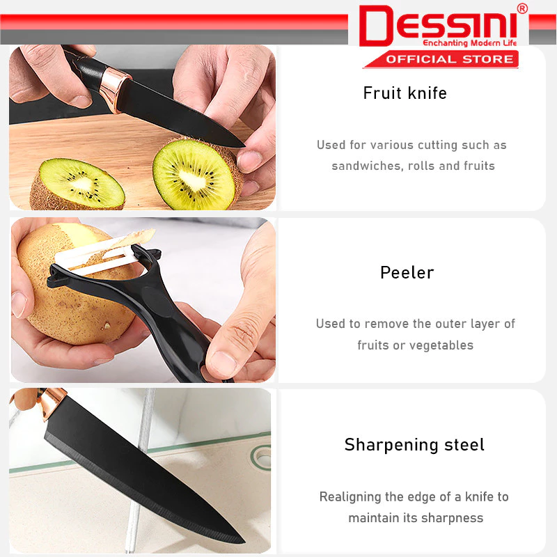 DESSINI ITALY 9 IN 1 Stainless Steel Knife Cleaver Scissor Peeler Cutting Storage Holder Cutlery Organizer Pisau Gunting - Image 4