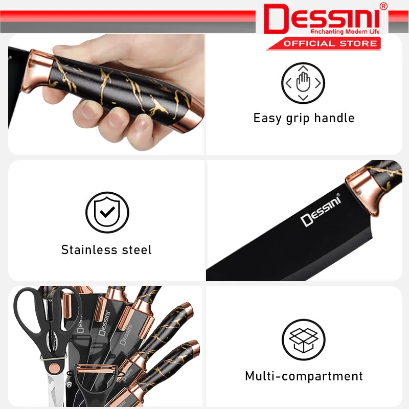 DESSINI ITALY 9 IN 1 Stainless Steel Knife Cleaver Scissor Peeler Cutting Storage Holder Cutlery Organizer Pisau Gunting - Image 5