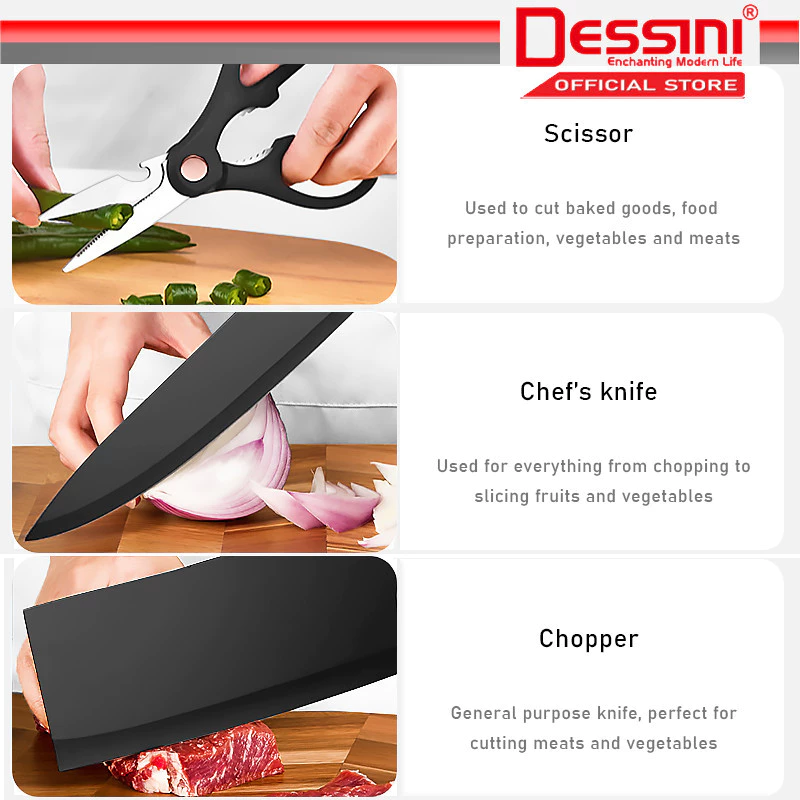 DESSINI ITALY 9 IN 1 Stainless Steel Knife Cleaver Scissor Peeler Cutting Storage Holder Cutlery Organizer Pisau Gunting - Image 6