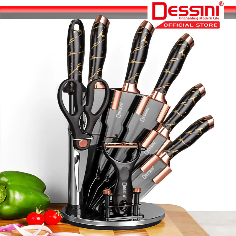 DESSINI ITALY 9 IN 1 Stainless Steel Knife Cleaver Scissor Peeler Cutting Storage Holder Cutlery Organizer Pisau Gunting - Image 8
